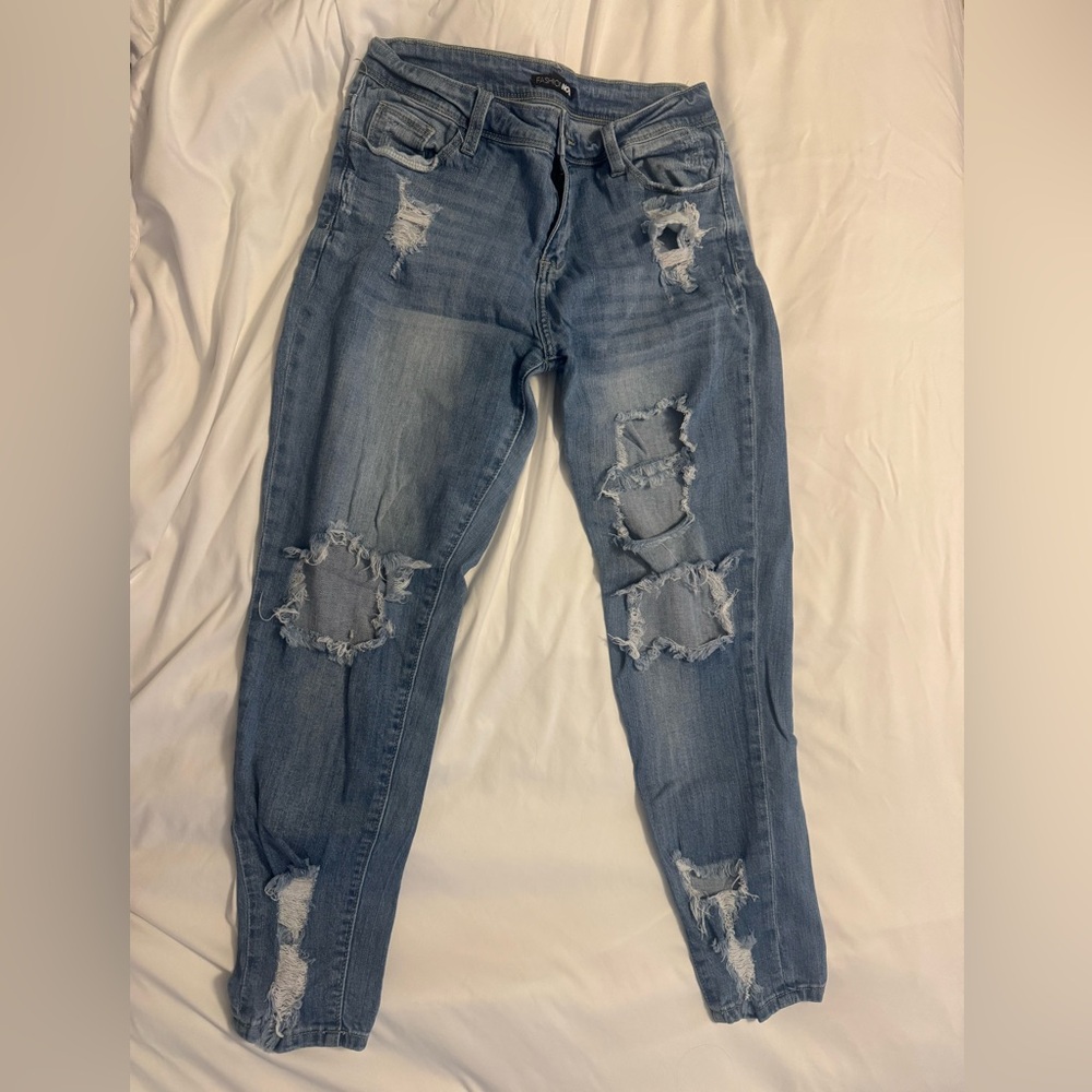 Fashion Nova Distressed Blue Skinny Jeans